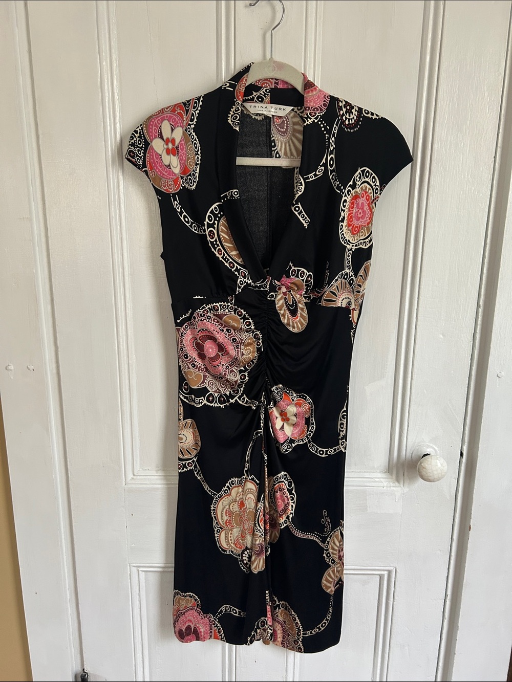 Trina Turk 100% Silk V-Neck Dress - Black & Pink
